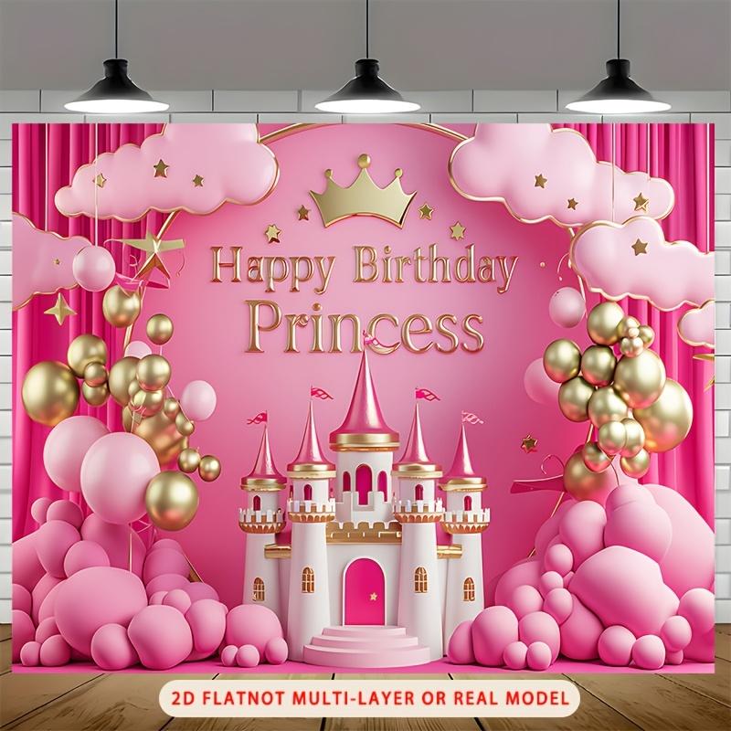 Pink Princess Castle Birthday Background Cloth Crown Hanging Cloth Birthday Party Princess Theme Banquet Photo Background Wall 100X70CM