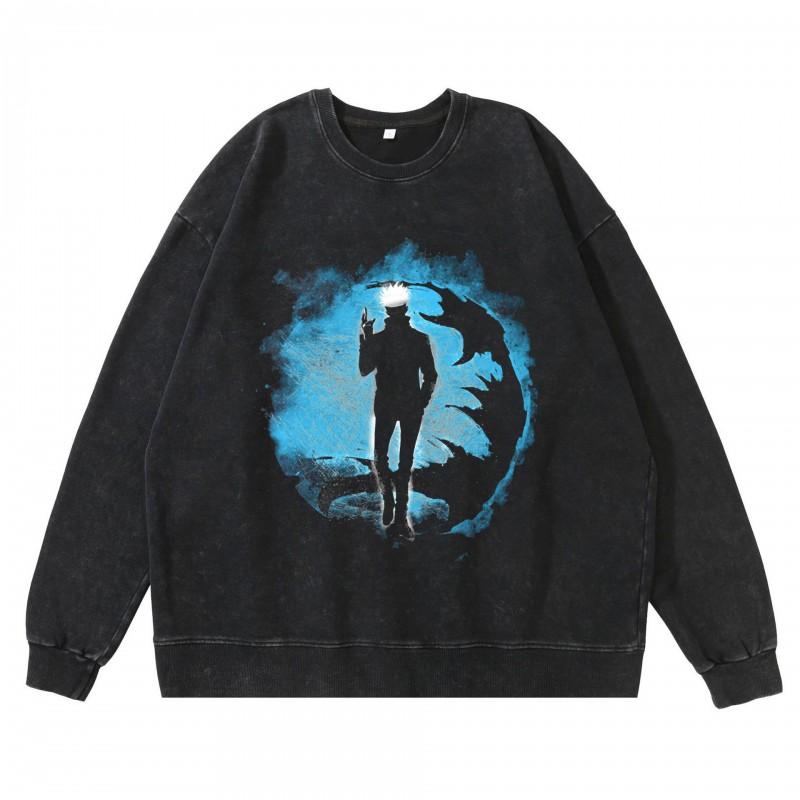 Vintage Washed Dark Anime Print Streetwear Hoodie Men - Retro Urban Sweatshirt With Cotton Lining