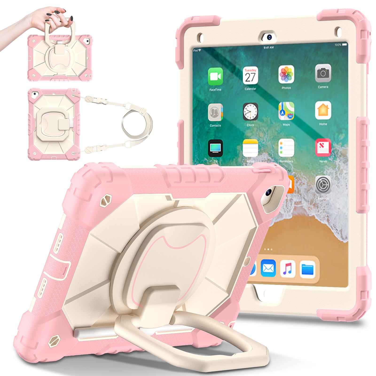

Rotating Heavy Duty Case For iPad 5 6 7 Air 1 2 Pro 9.7 2017 2018 5th 6th Gen Armor Stand Cover With Handle Grip Shoulder Strap iPad Air1 2-iPad 5 6 розового золота