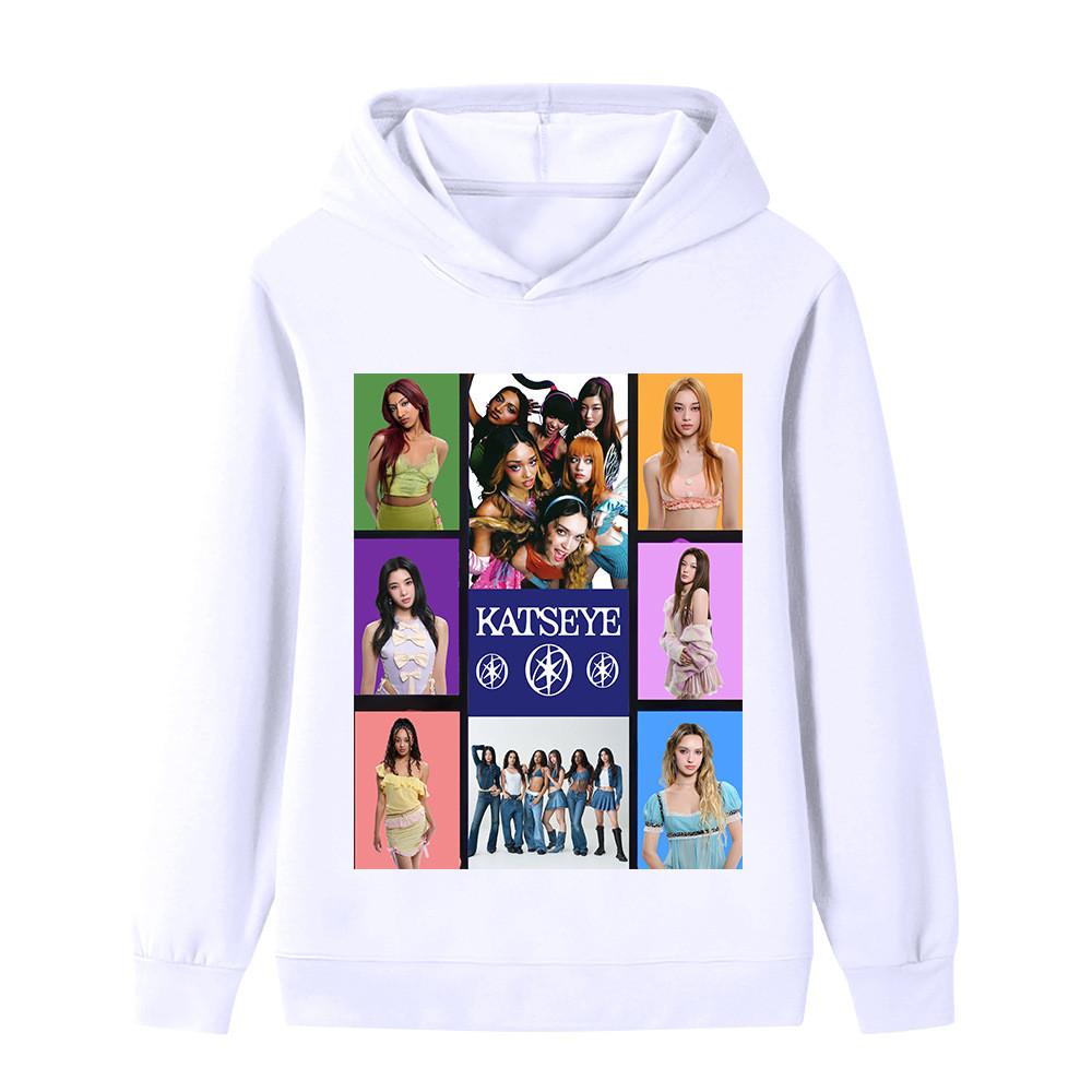 

B1316 Children Girls KATSEYE Printed Casual Long Sleeves Sweatshirt Hoodie Top 150cm білий