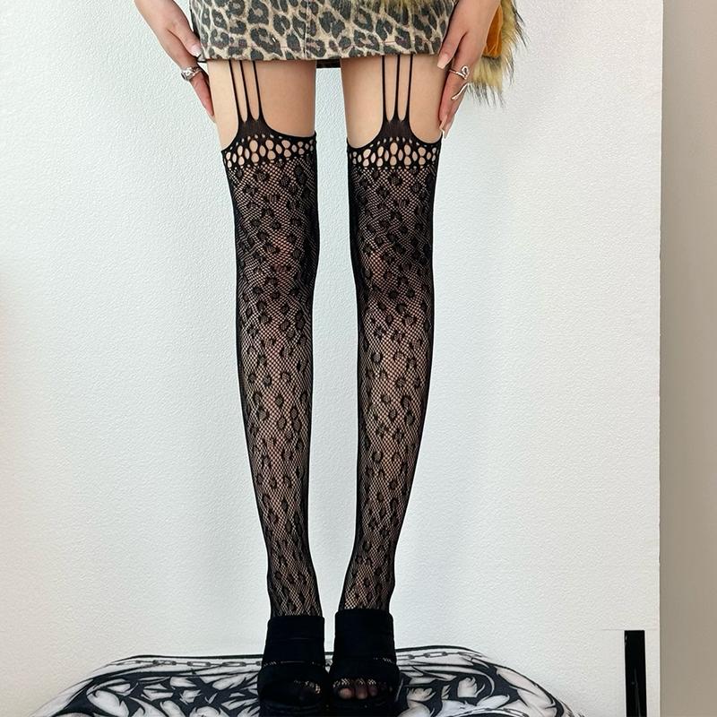 Women's High Waist Fishnet Tights 2025 Sexy Hollow Out Suspenders Pantyhose Thigh High Open Crotch Stockings Black