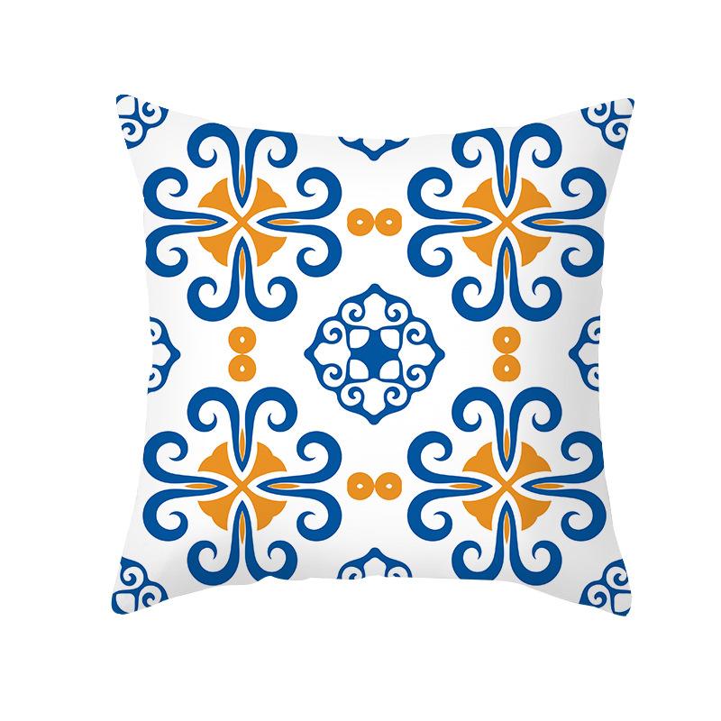 Ethnic Style Sofa Pillow Cover Blue Printed Peach Skin Pillow Cover Office Cushion