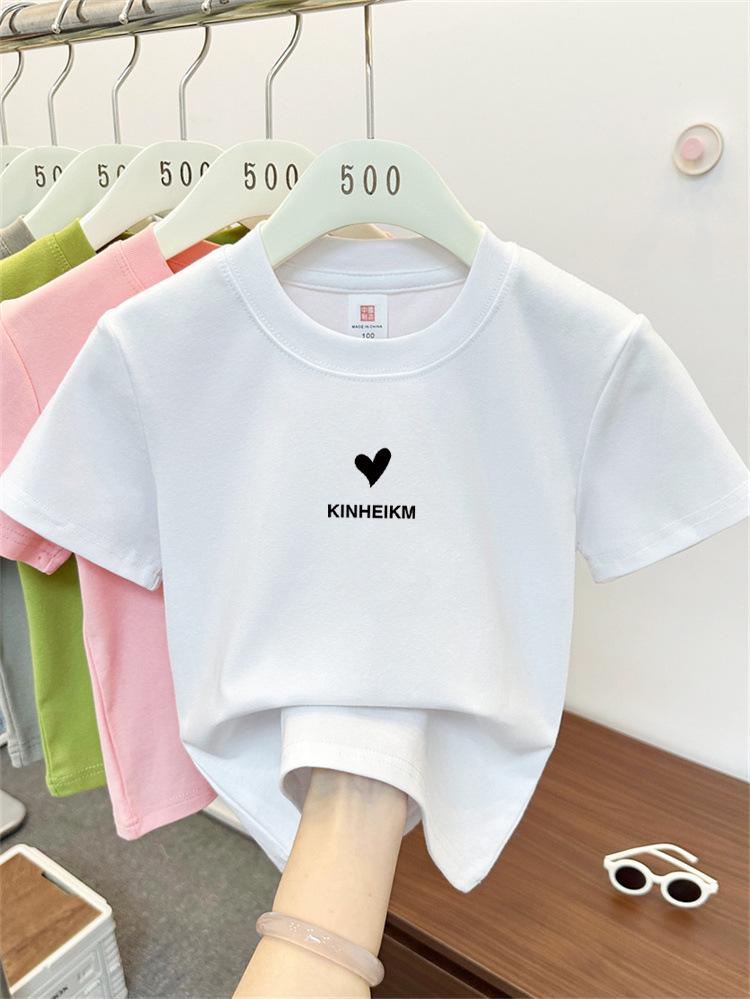 Girls Summer Ginger Yellow Heart Print Cotton Loose Short Sleeve T Shirt Round Neck Casual Top 90