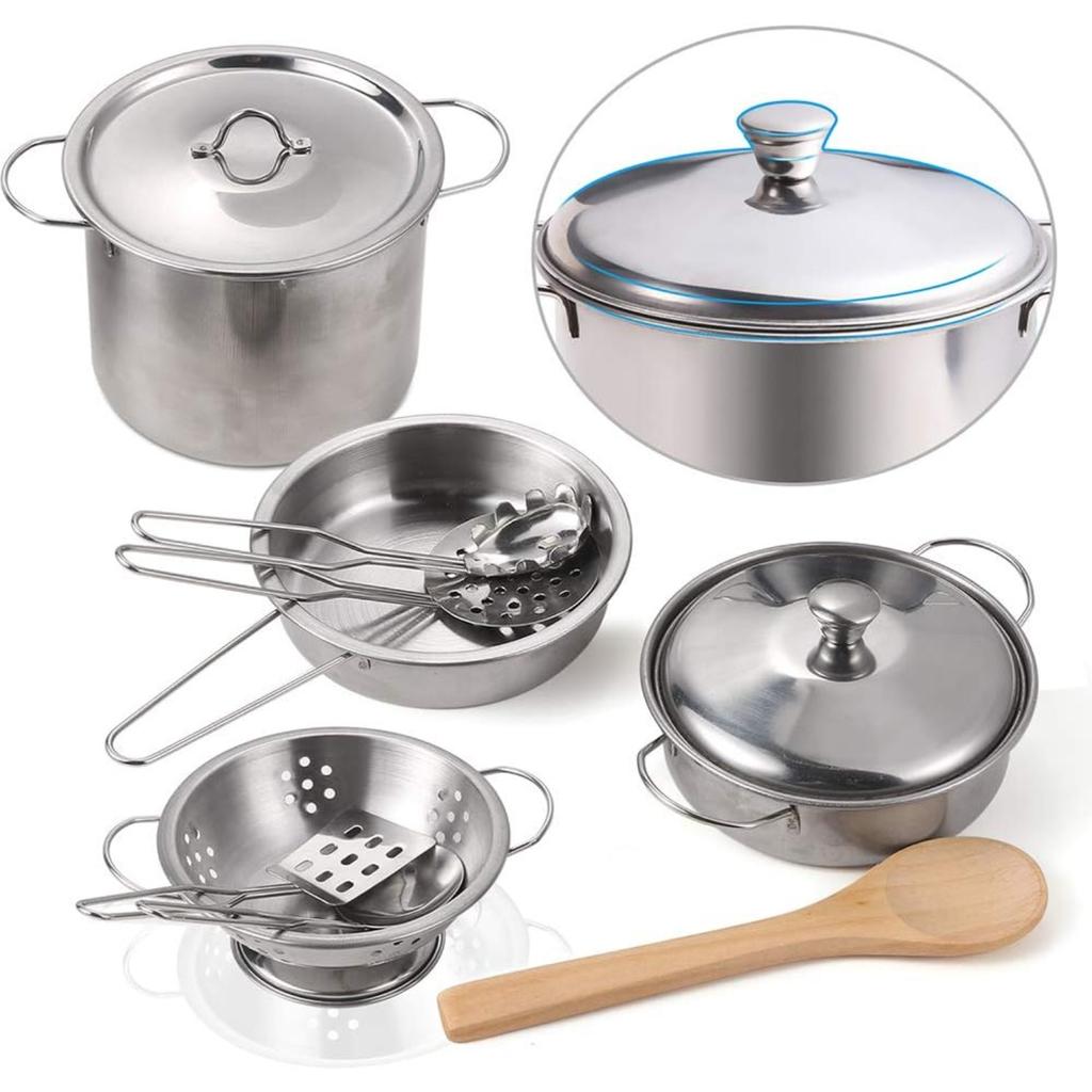 Kitchen Pretend Play Toys with Stainless Steel Cookware Pots and Pans Set, Cooking Utensils, Apron & Chef Hat, Cutting Vegetable
