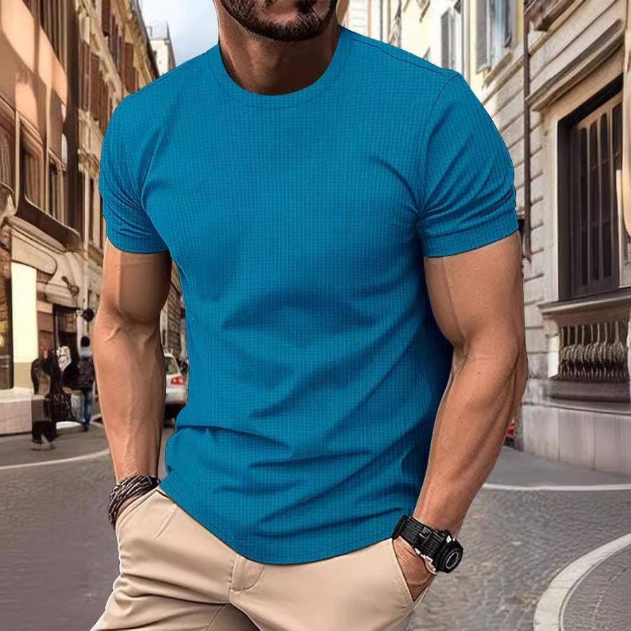 Mesh Iskald Silke Kortarmet T-skjorte for Menn Rund Hals Sommer Ensfarget Nylon Glatt Materiale T-skjorter