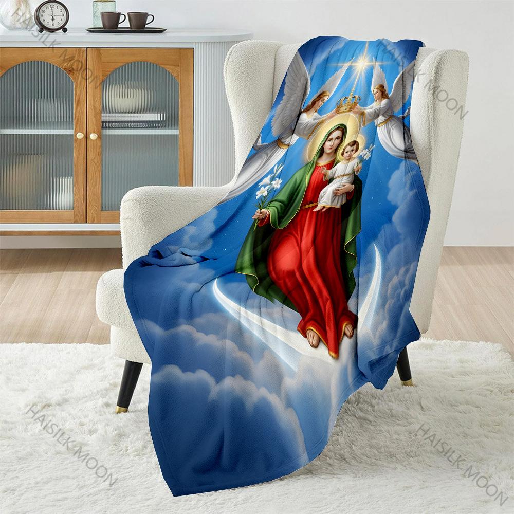 1PC Virgin Mary Crowned by Angels Print Believer Pray Blanket Warm Soft Flannel Material Suitable for All Seasons Luxurious Gift