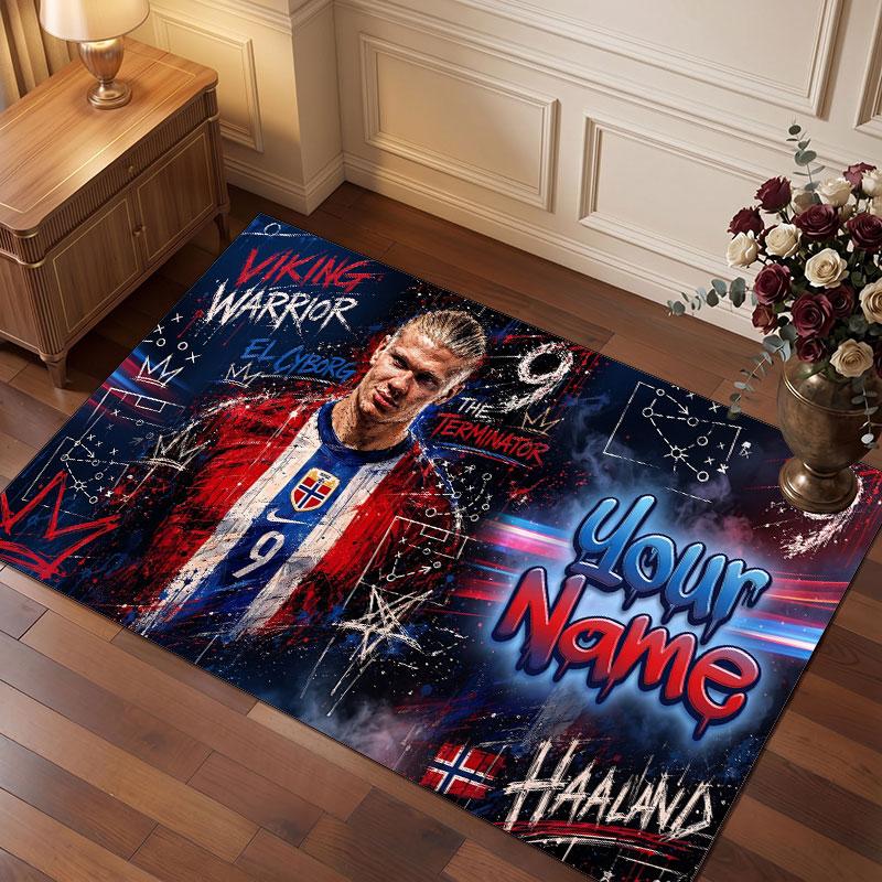Erling Haaland Custom Crystal Velvet Rug, Personalized Name Text Print, Football Logo Soft Non‑Slip Floor Mat Home Decor Gift