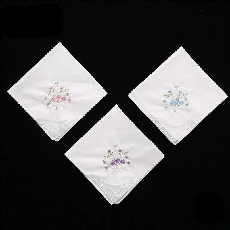 

3Pcs 28x28cm 100% Cotton White Color Women Handkerchiefs Butterfly Lace Flower Embroidered Cocktail Napkins Wedding Party Gift