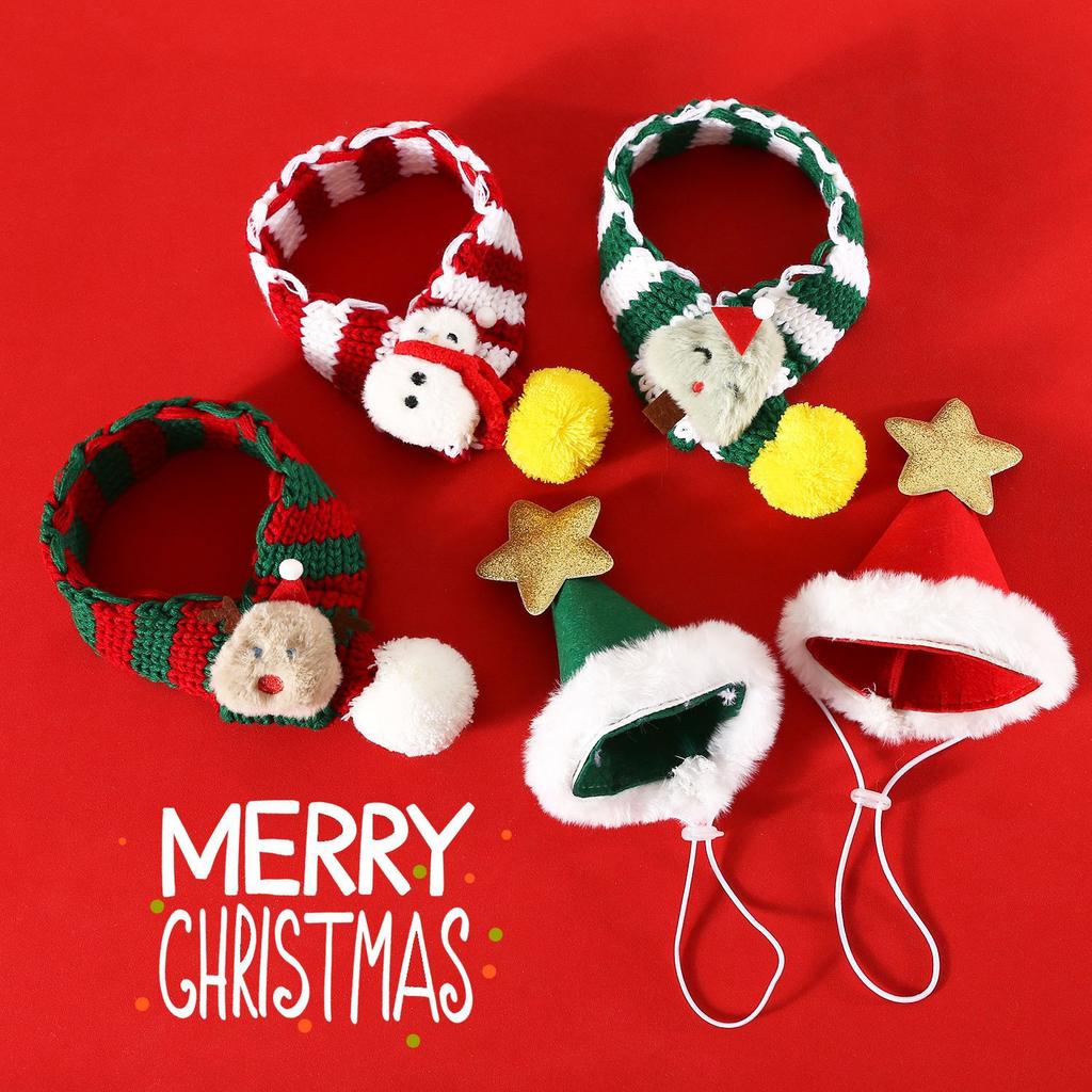 Pet Yarn Christmas Scarf Striped Ball Christmas Tree Snowman Reindeer Cartoon Hat Accessories Dog Scarf Puppy Accessories