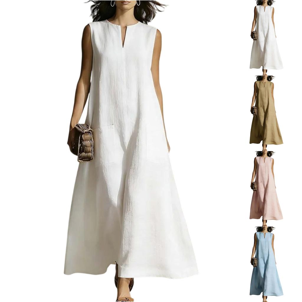 Sleeveless Long Maxi Dress for Women with Pocket Casual Loose Fit Crew Neck Summer Lightweight Sundress