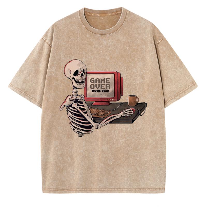 Y2K Casual Street Style Couple T-shirt Skull Print To Make Old Imitation Denim Short-Sleeved Round Neck Single