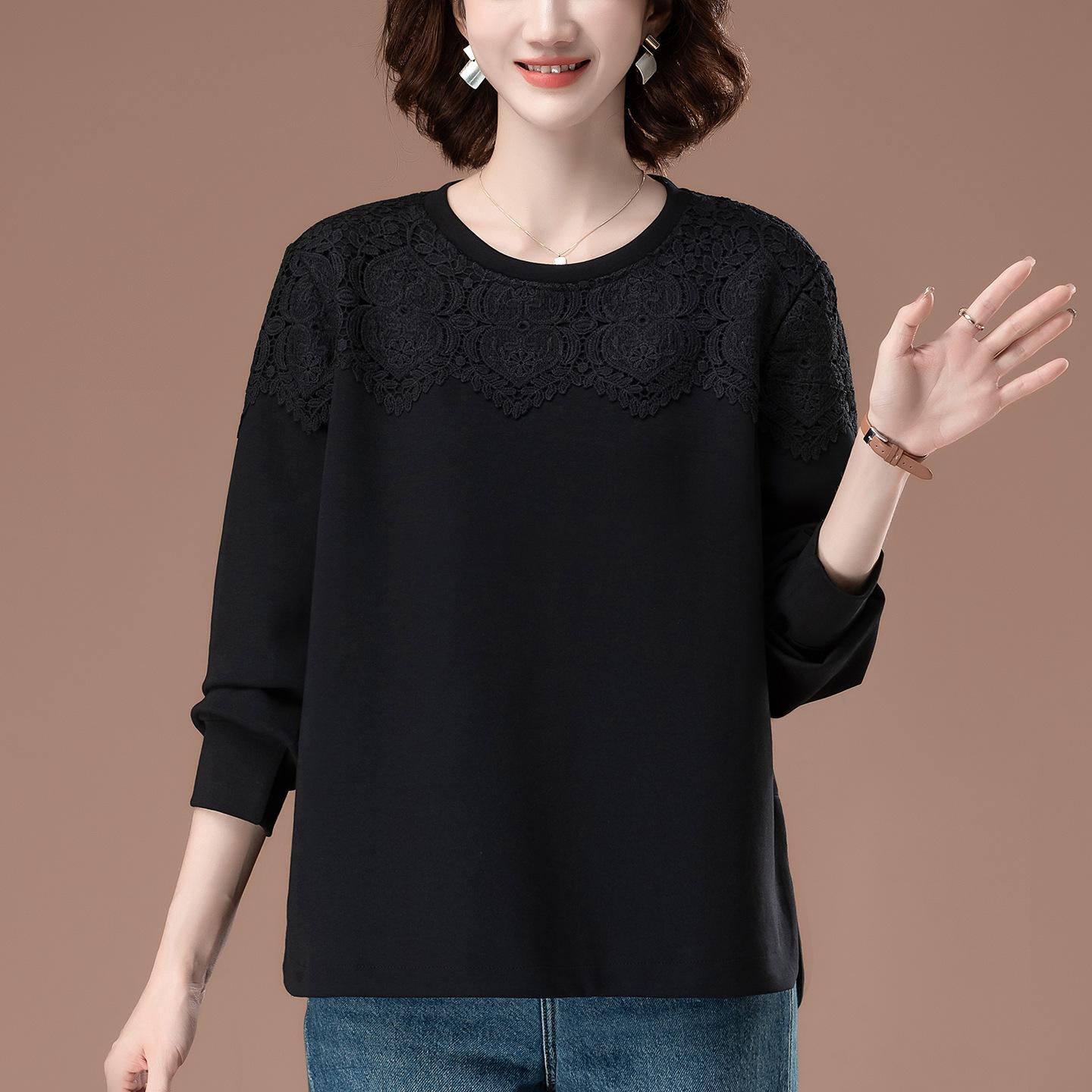 

Женский свитшот большого размера с кружевной вставкой – Весенне-осенний свободный крой для мам среднего возраста 5XL чёрный