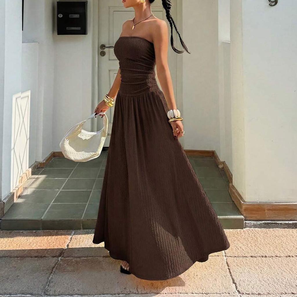 Women Sleeveless Strapless Tube Top Maxi Dress Casual Fitted Elegant Ruched Bodice Flowy Long Dress for Summer Party Vacation