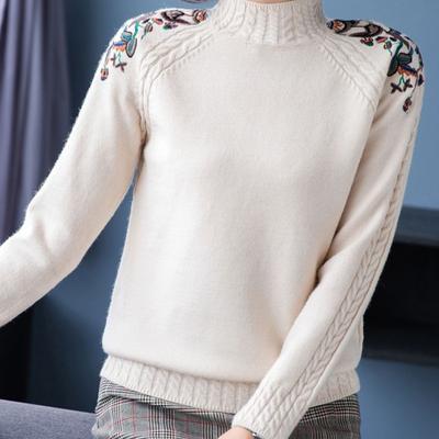 Autumn Winter Women Half Turtleneck Sweater Pullover Women's Clothing  New Embroidery Long-Sleeved Knitwear Jumper Female Tops