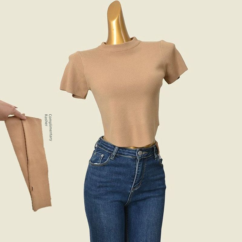 Pure Desire Style Sweet Sexy Half Turtleneck Knitting T-shirt Spring and Summer High Waist Slimming and Short Chic Bottoming Shirt with Oversleeves