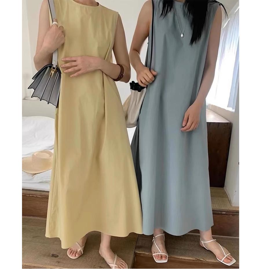 Korean chic summer simple temperament round neck solid color loose casual knee long sleeveless vest dress women