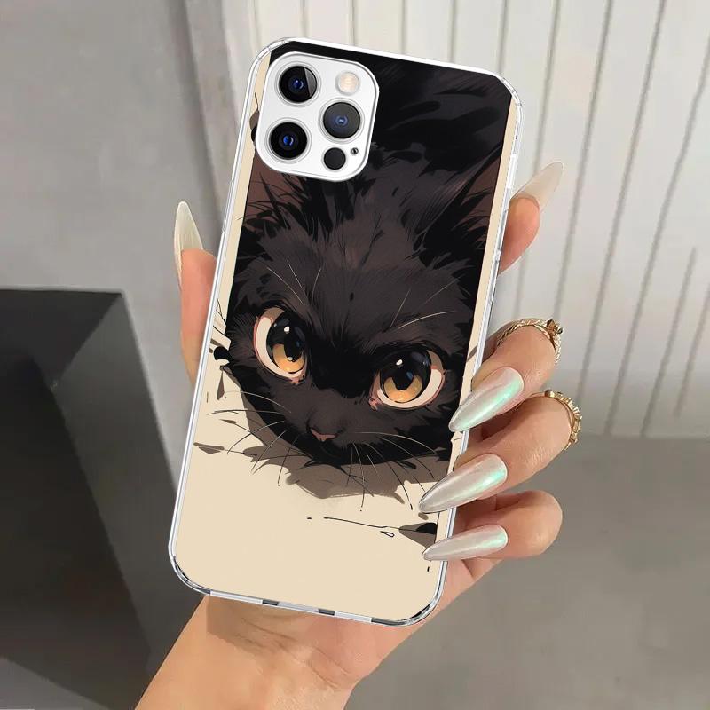 Anime Cute Black Cat Meow Phone Case for Iphone 17 Air 16 15 Plus 14 13 Mini 12 11 Pro Max 16E 7 8 SE 2020 Soft Funda Print Shel