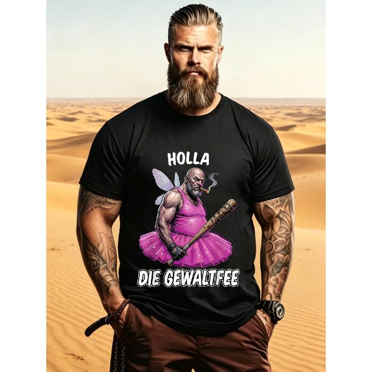 Men s black short-sleeve crew neck t-shirt with humorous graphic of muscular fairy in pink tutu holding bat, bold text design, soft cotton feel, S чёрный