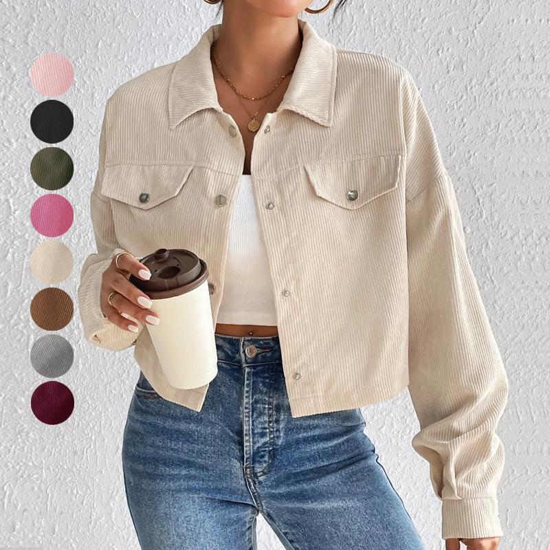 2024 Autumn and Winter Cross-border Amazon Europe, America, Temperament Slim-fitting Short Zipper Cardigan Polo Neck Corduroy Jacket