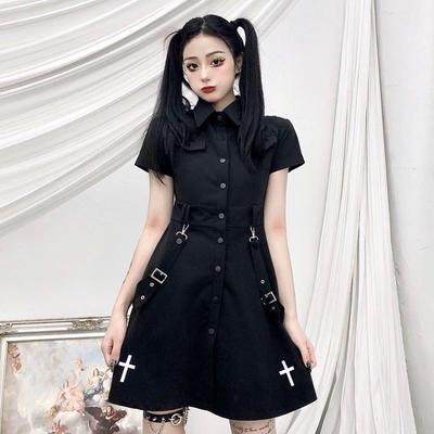 Gotik elbise seksi Mini etek kadınlar için Harajuku siyah Mini elbise Polo yaka kore streetwear kadın elbise büyük boy