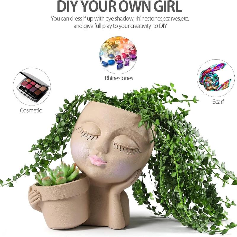 Girl Head Face Flowerpot White Resin DIY Figure Fleshiness Flower Pot with Leakage Hole Garden Pots & Planter Home Decoration