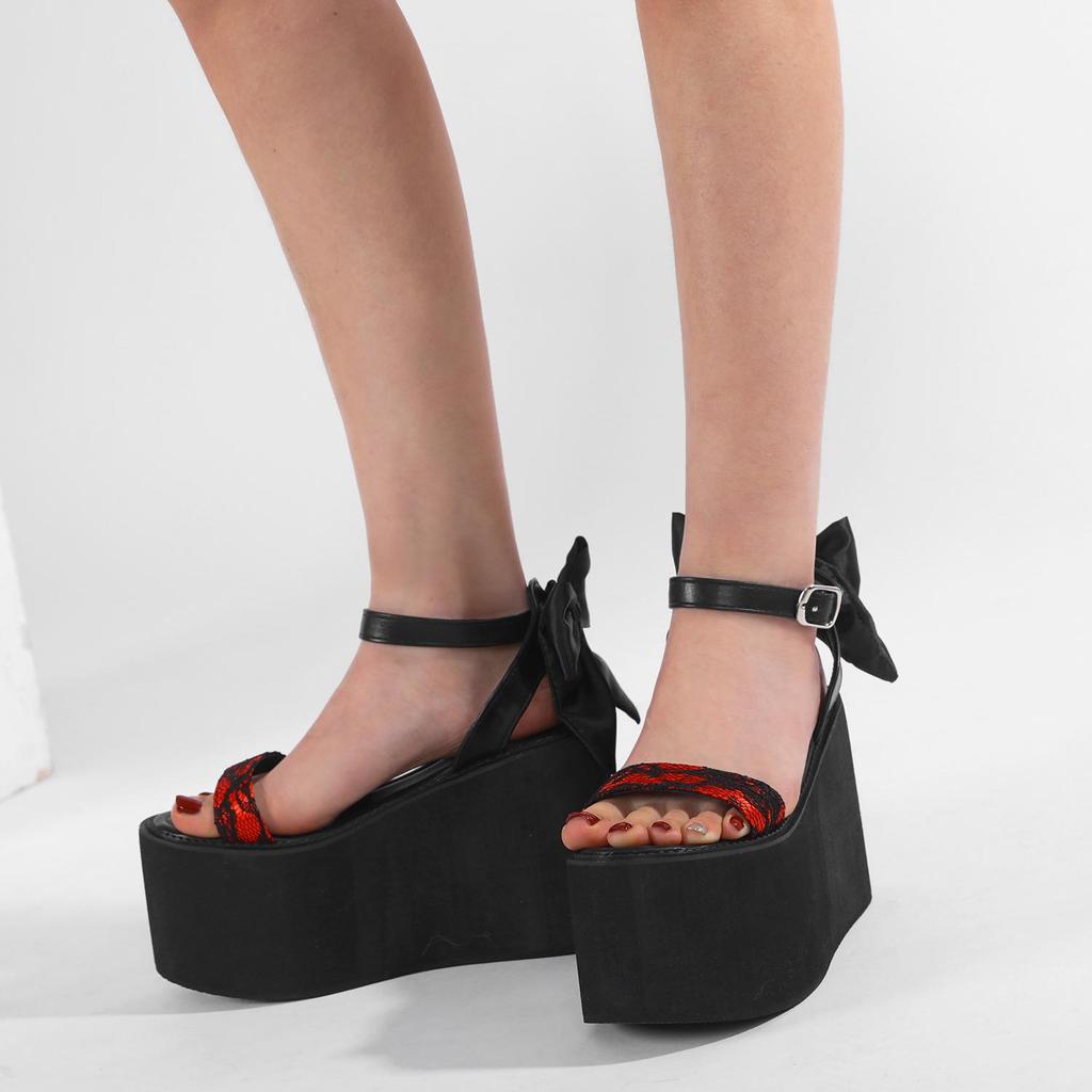 Gdgydh Buckle Strap Women Platform Sandals Retro Lace Patchwork Thick-Soled Big Bow Waterproof Summer Chunky Heeled Sandals