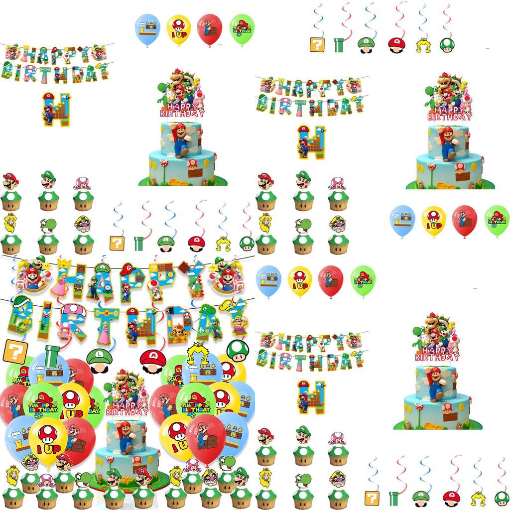 Mario Theme Party Decorations Set Flags, Cake Toppers, Balloons, And Spirals For An Amazing Party Atmosphere!