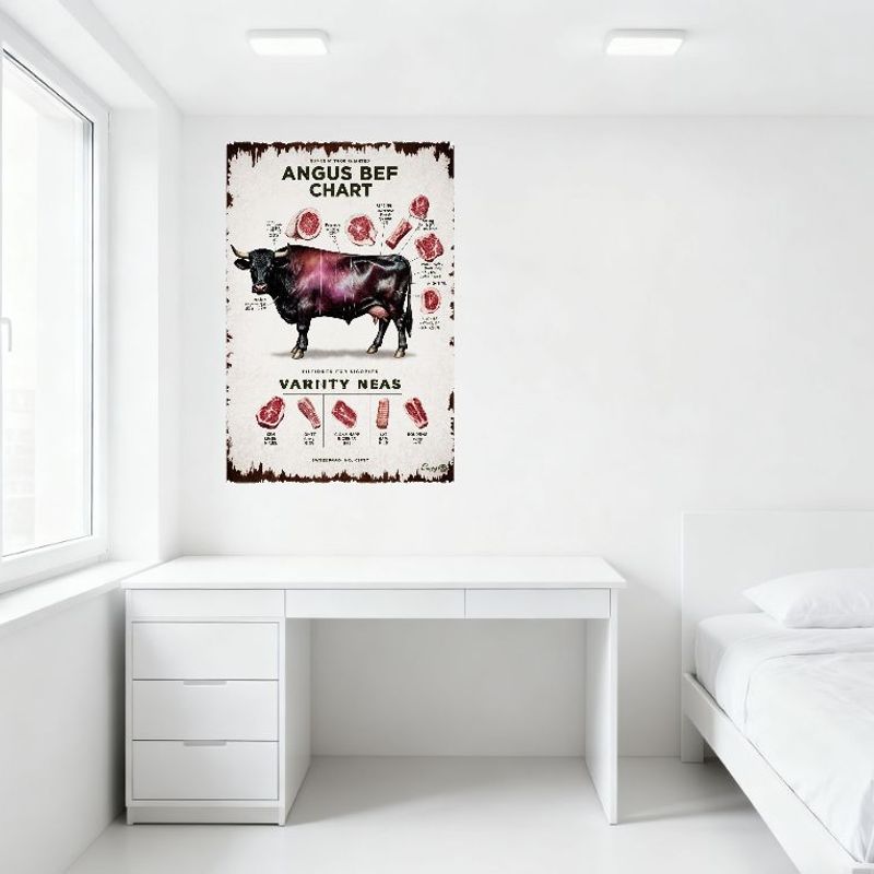 Vintage Angus Beef Chart Metal Sign, Black Angus Bull Cuts Info Tin Poster, Distressed Old Poster Style Wall Decor for Kitchen B