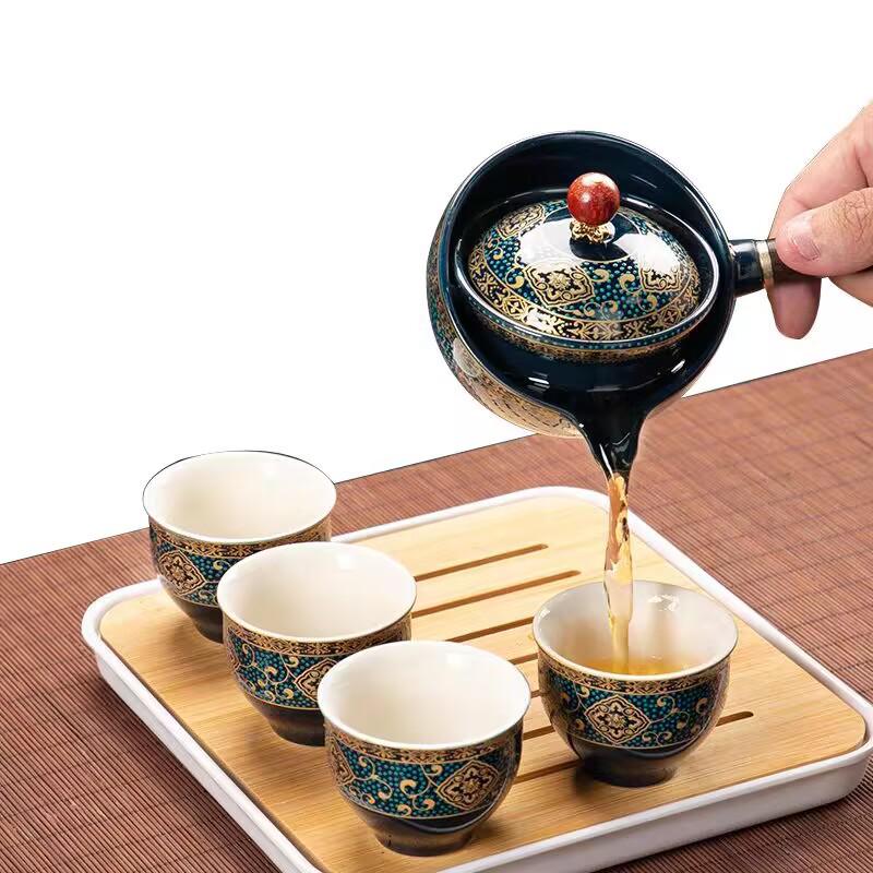 Compact Travel Tea Set with Automatic Rotating Teapot and Side Handle Kung Fu Cups