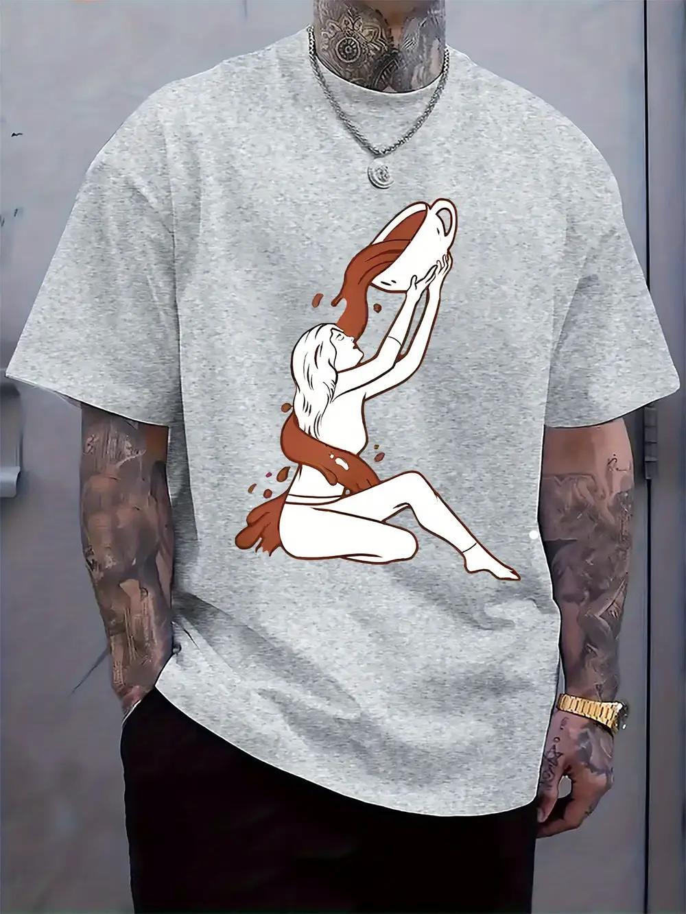 Creative Liquid Spill Illustration Print Round Neck Short Sleeve T-shirt L