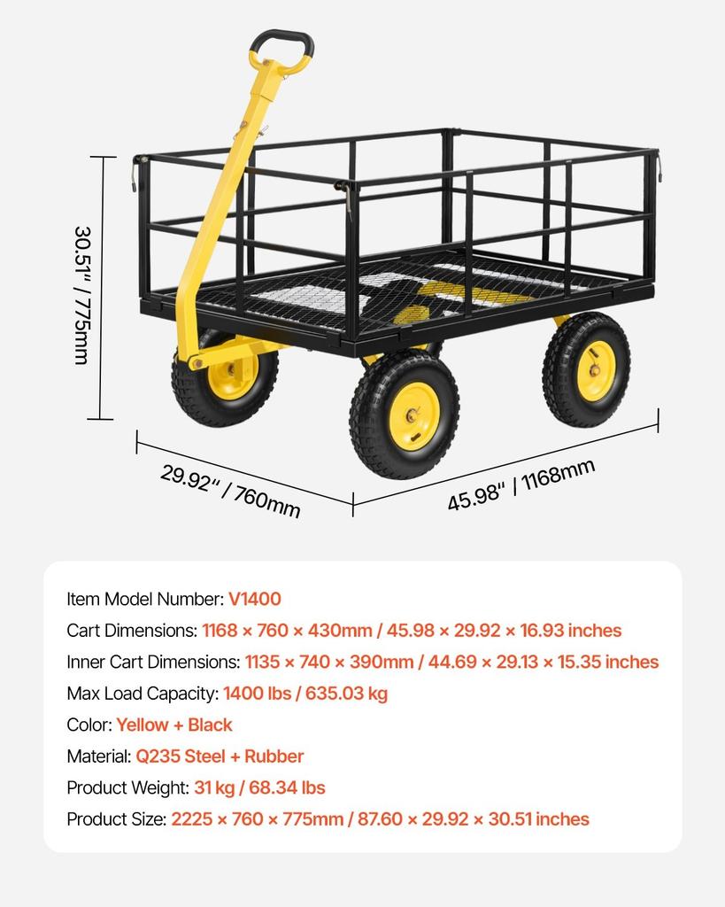 Steel Garden Cart, 635 Kg Heavy Duty Pullable Garden Wagon Yard Cart, 2 In 1 Outdoor Metal Utility Wagon Yard Trailer with 330 Mm All Terrain Tires,