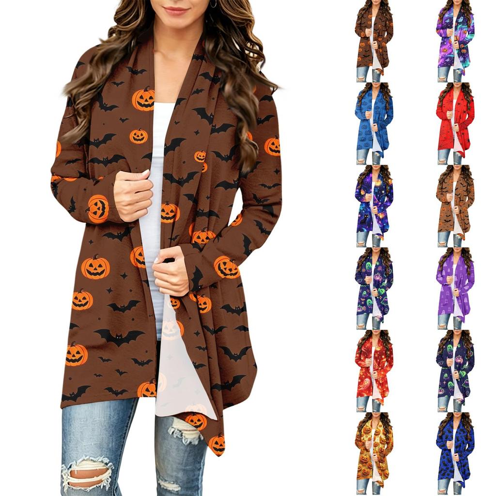 Women's Long Sleeve Cardigan with Halloween Print for Casual Everyday Wear