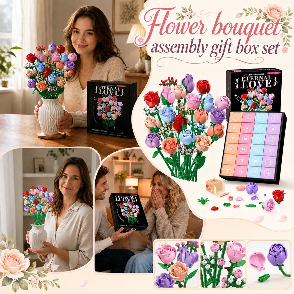 Building Christmas Advent Calendar Set - Flower Bouquet Rose Toy for Kids