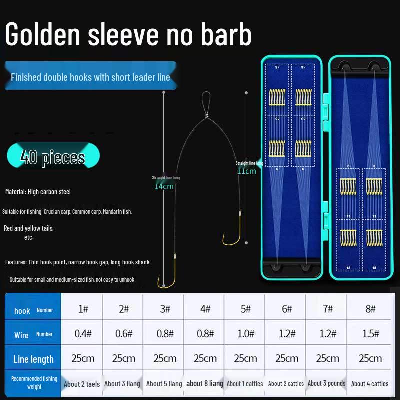 40-Piece Toray Short Leader Gold Haiyuki Izu Barbed Double Hook Set with Anti-Tangle Sleeves