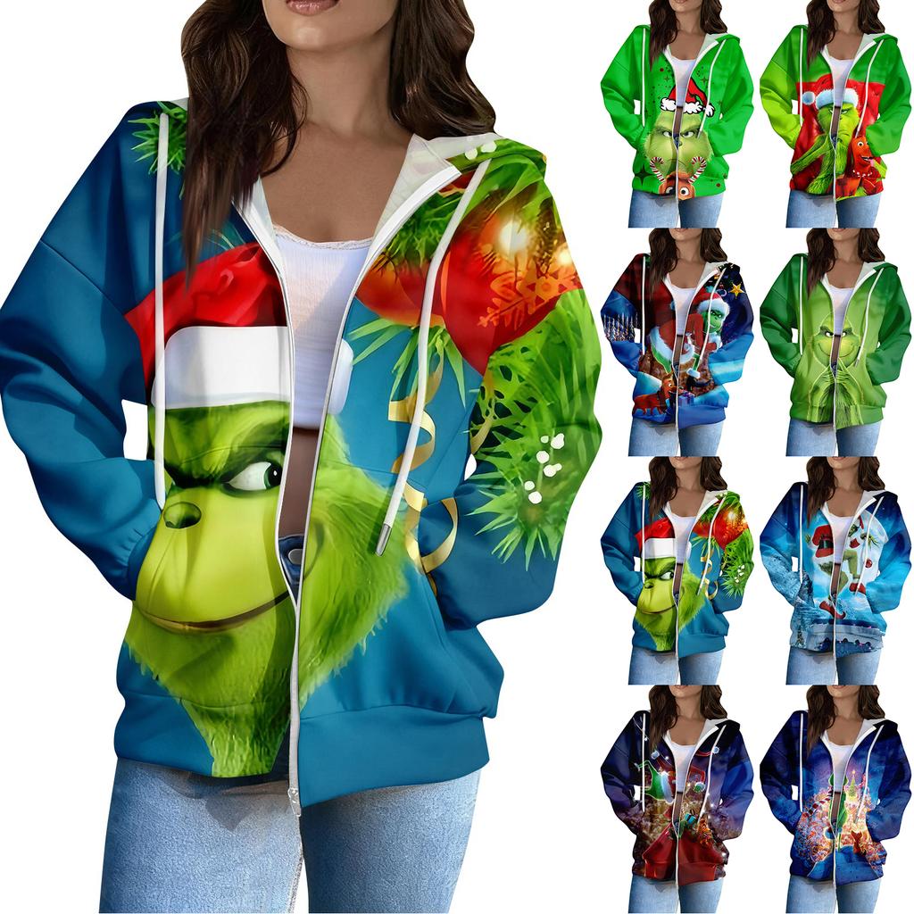 Women's Casual Fashion Long Sleeve Zipper Printed Hooded Sweatshirt