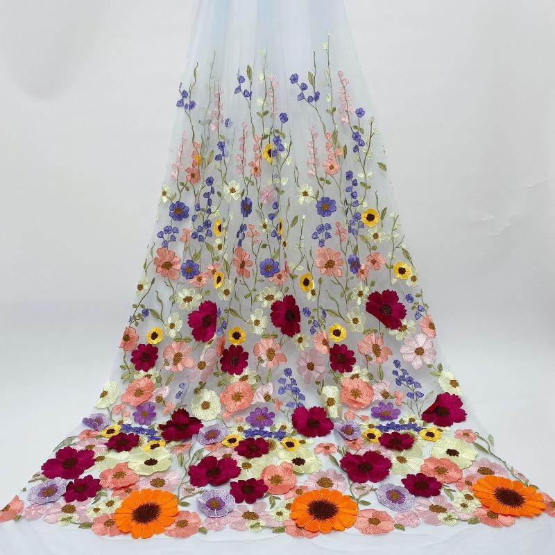

3D Flower Embroidery Lace Mesh Fabric Water Soluble Flower Mesh Embroidery for Sweing Evening Dress Lace Fabric 130cm Width 1Yard