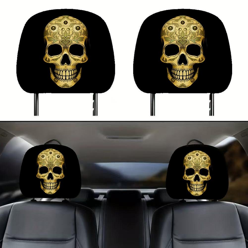 

1 Pair Skull Print Elastic Car Headrest Covers For Fit, Stretch Fabric Seat Protector Styling Accessory