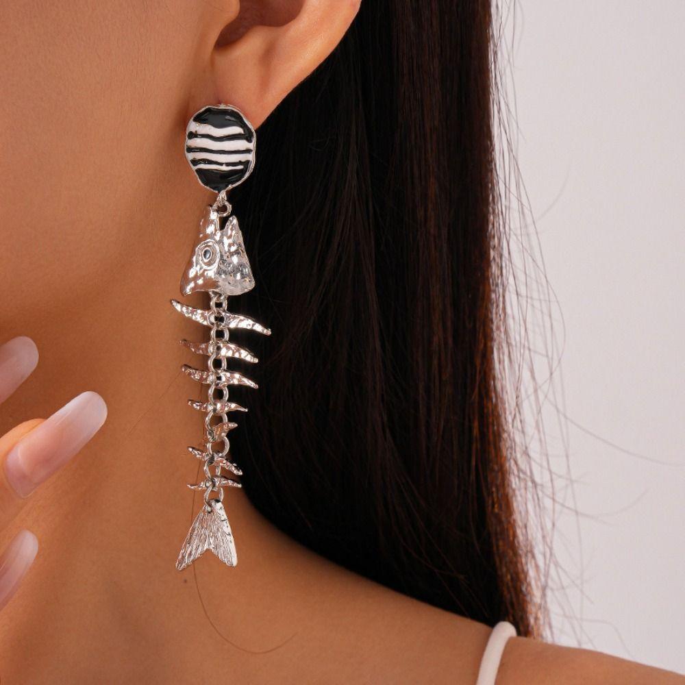 Gothic Fish Bone Earrings Exaggerate Geometric Drop Earrings Personality Earrings  Hollowen