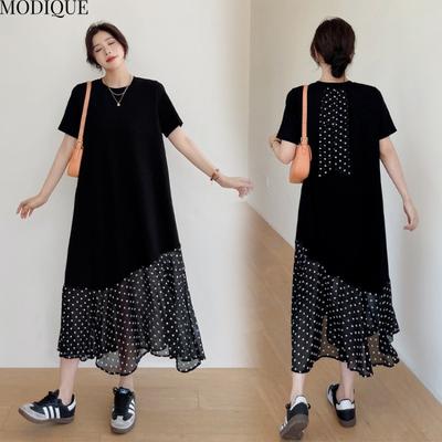 MODIQUE Summer Plus Size New Women Loose Cool Cotton Splice Polka Dots Patchwork Long Dresses Female Casual Short Sleeve O-Neck Dresses