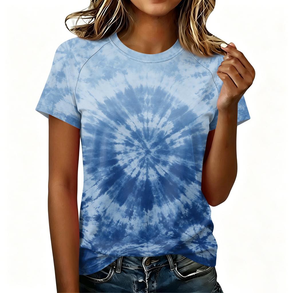 Damen Freizeit Kurzarm Raglan T-Shirt Rundhals Batik-Print Leichtes Weiches Gewebe Sommer Oberteil