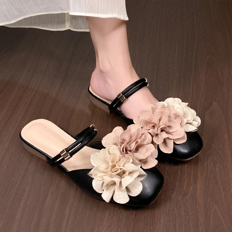 

Fashion Women Shoes 2025 Summer New Flower Square Toe Chunky Heel Slippers Comfort Lightweight Outdoor Fashion Dress Style Women Sandals 40 чёрный