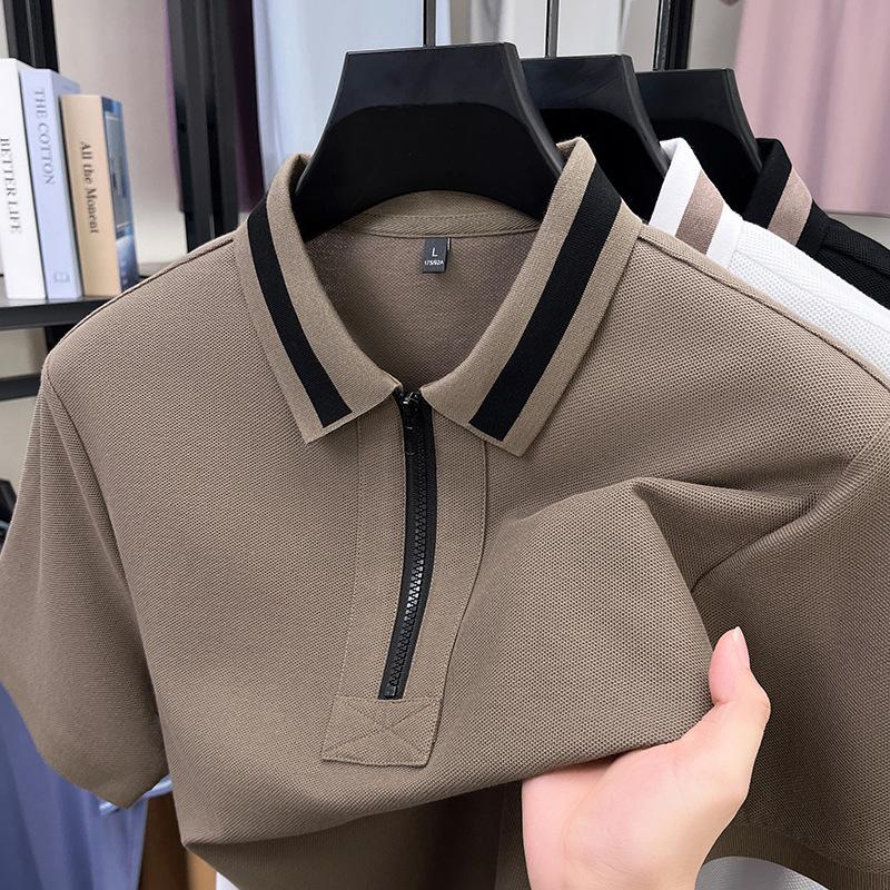 Simple And Atmospheric Splicing Retro Half-Zipper Shirt Medium Men'S Polo Shirt Short-Sleeved Loose