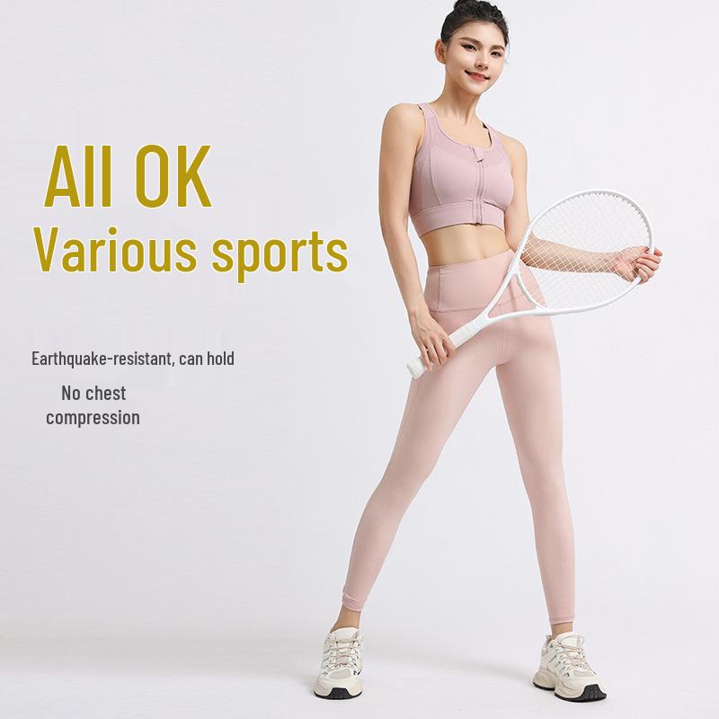 Women's Shockproof Sports Bra with Front Zipper and Side Support - Minimizes Bust for Running and Yoga