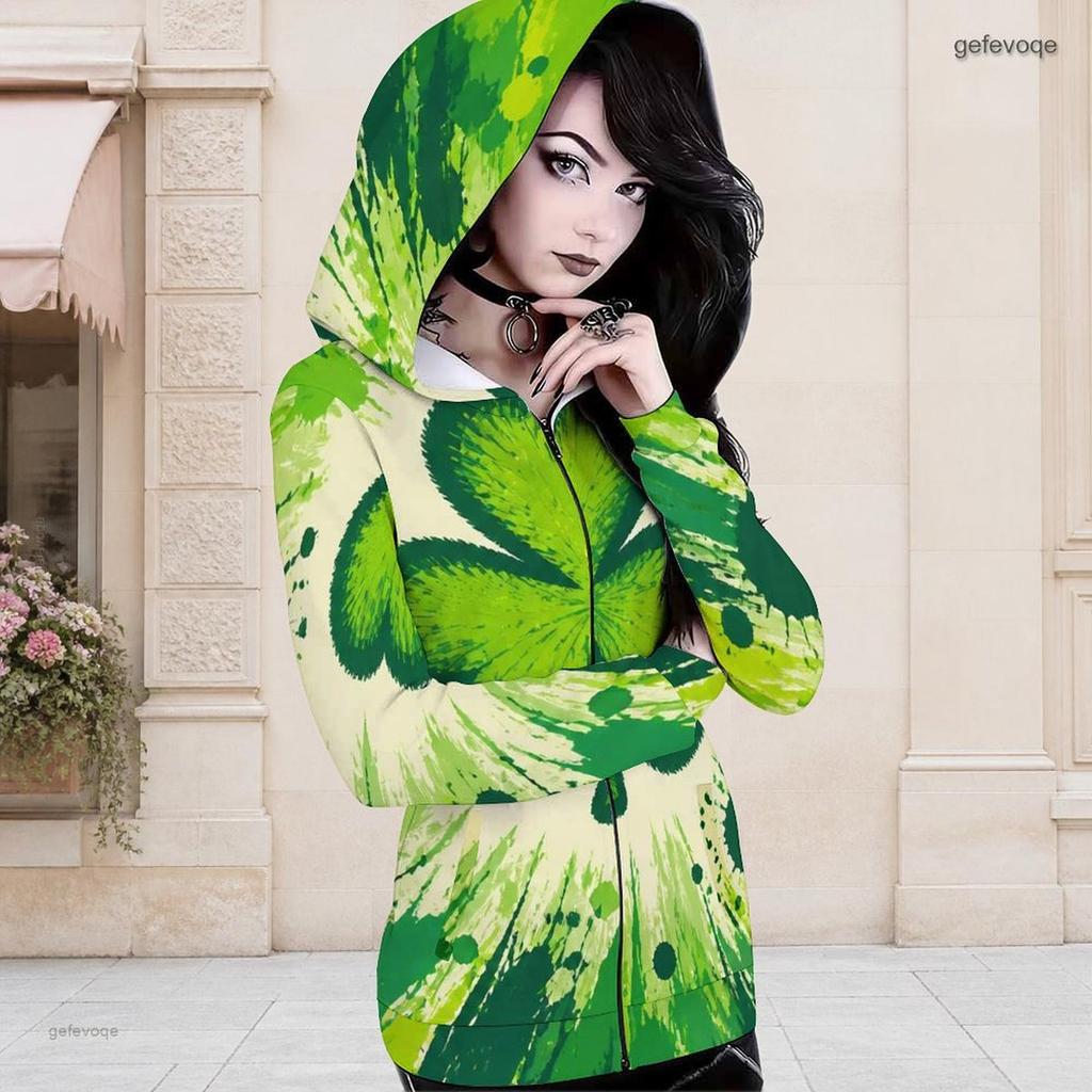 Women Plus Size Asymmetric Cutout Neck Cold Shoulder Long Sleeve Fitted Top Dark Green Golden Clover Printed