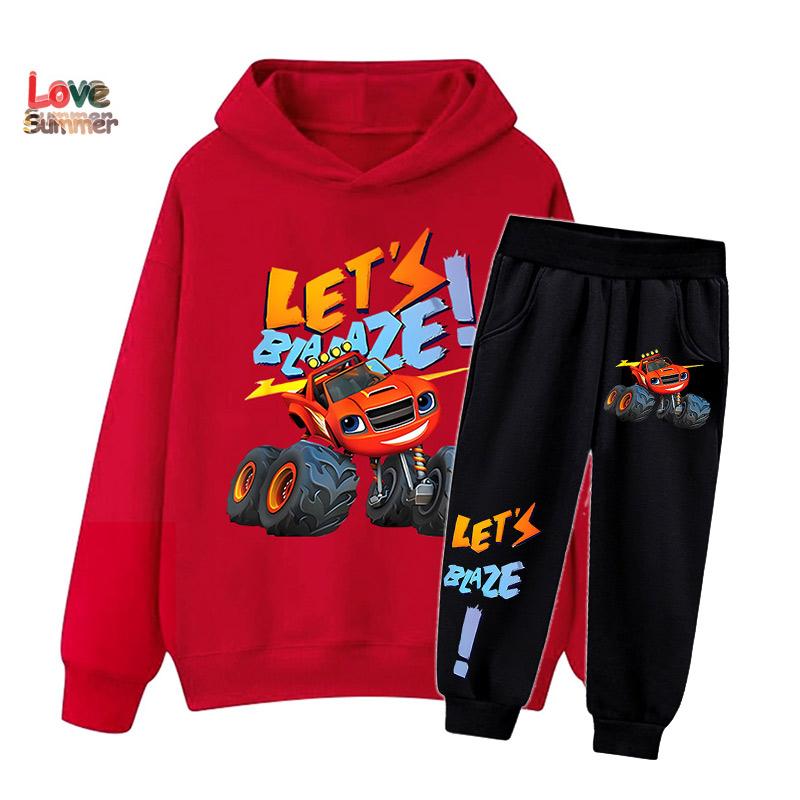 2pcs Boys hoodie Set car monster patterns boys like 2pcs Sporty Pants Hoodie Set Gift Ideal Daily Outdoor Wear Suit Thin Kids Tracksuit