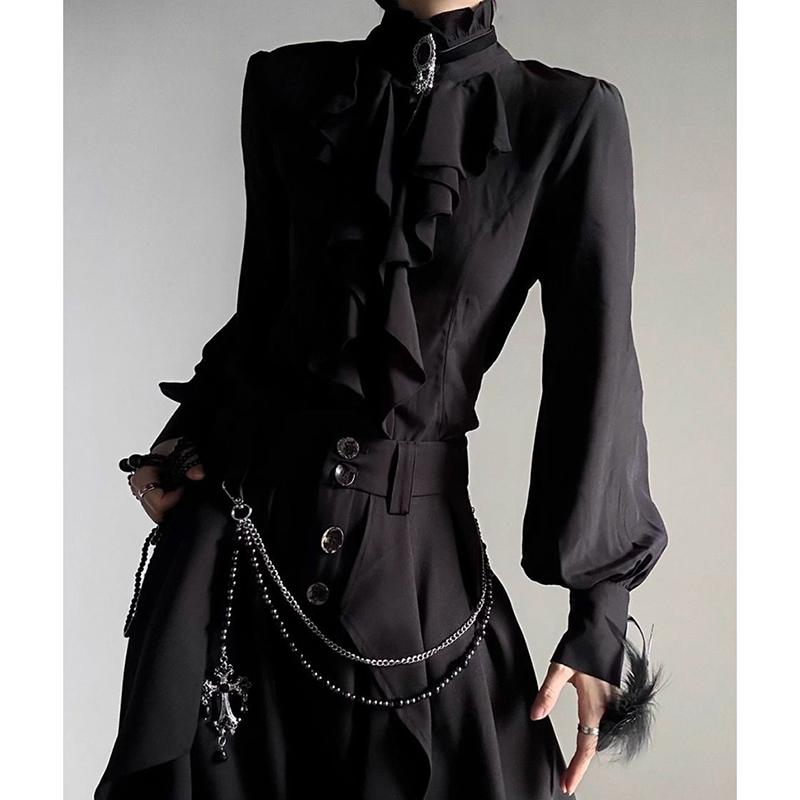 Dunkle Japanische Viktorianische Vintage Gothic Bluse Schwarz Laternenärmel Rüschenhemd Harajuku Y2K Punk Streetwear Cosplay