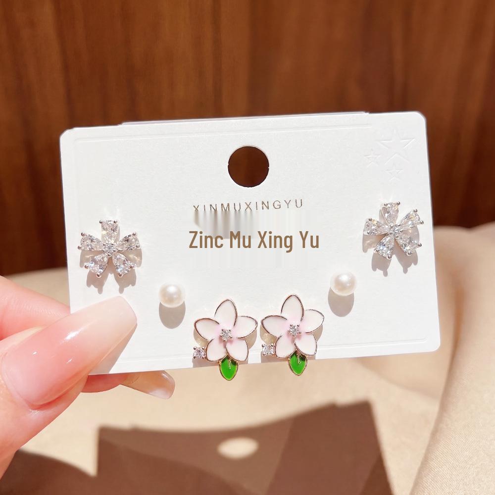 Exquisite Pink Floral Stud Earrings Set - Luxurious, Versatile Six-Piece Collection