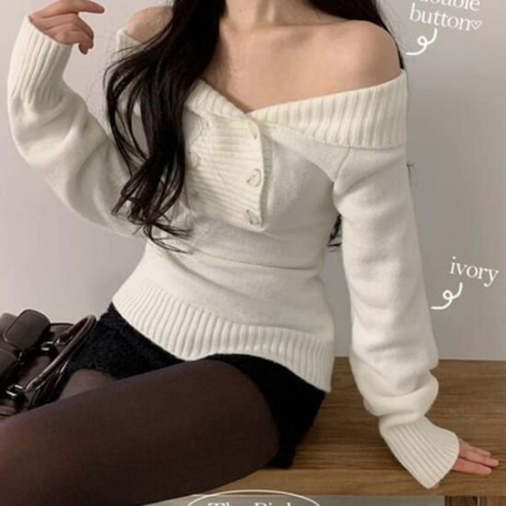 The Pink Slim Fit Off Shoulder Double Button Knit