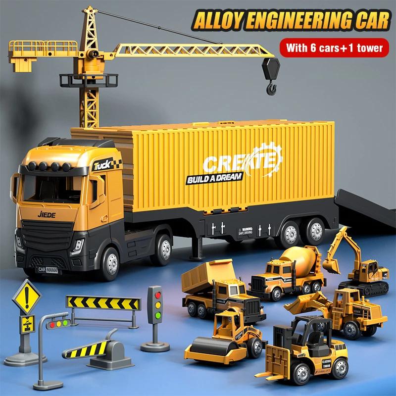 Non-Toxic Children S Container Truck Alloy Engineering Excavator Crane Trucks Set Storage Toy Car Model Toys For Children Kids Birthday Gifts