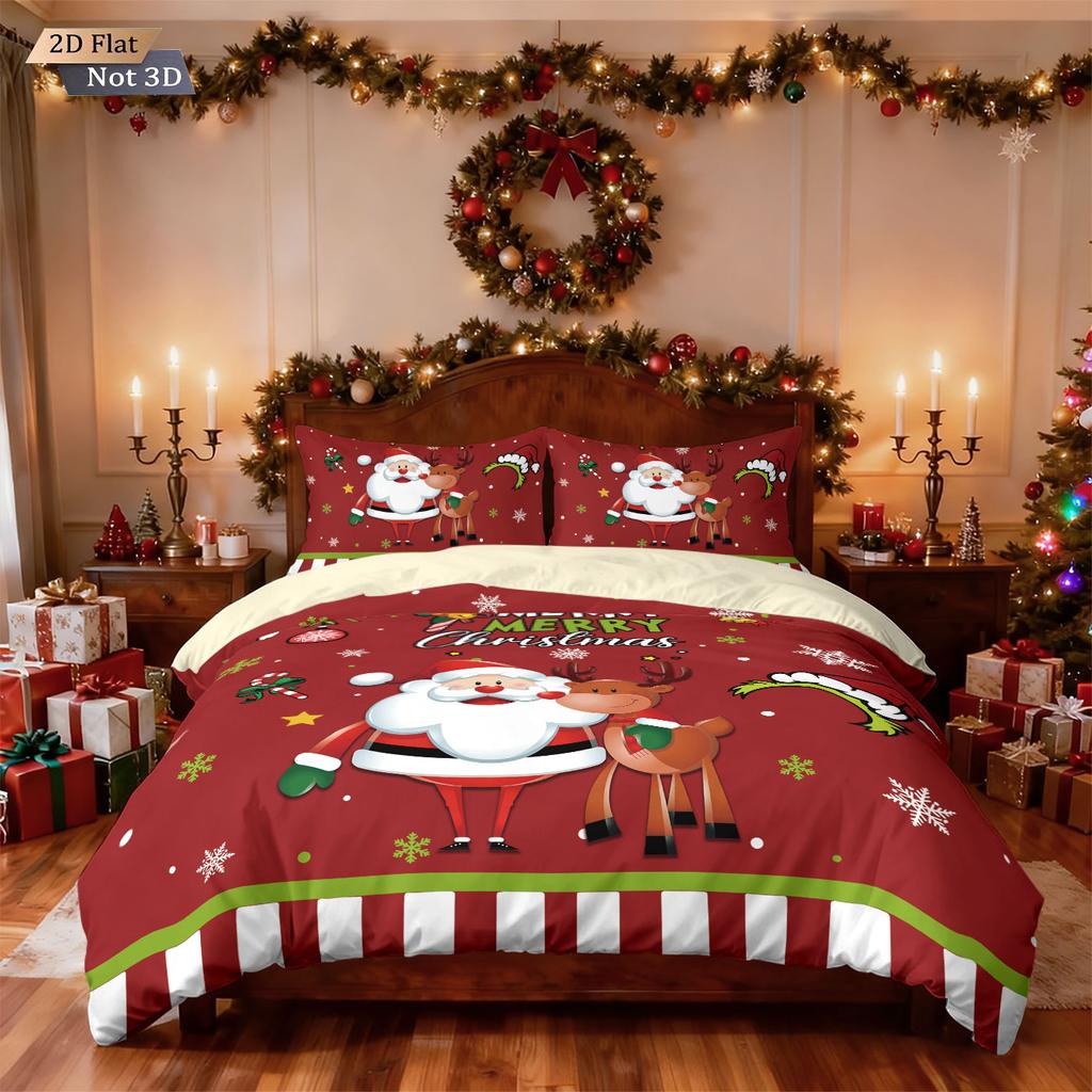 3pcs Merry Christmas Santa Claus Gold Printed Quilt Set Multi Size Dormitory Bedding Holiday Decoration Machine Washable